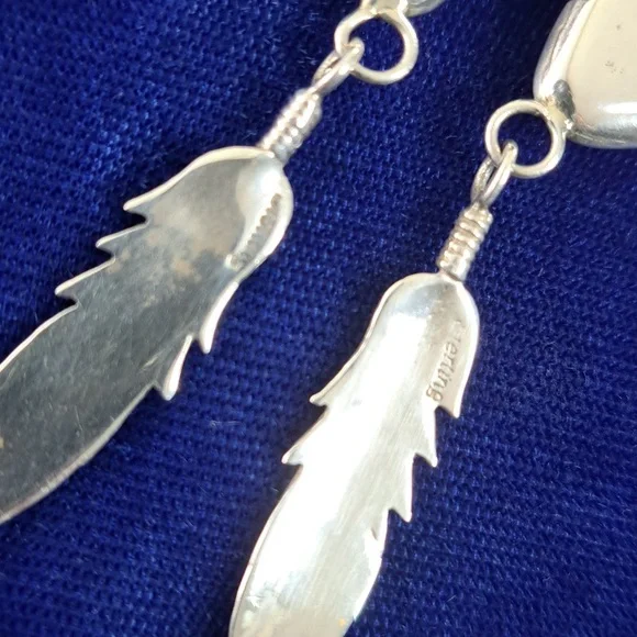 Vintage Native American Turquoise Sterling Silver Feather Earrings Signed - Picture 7 of 15